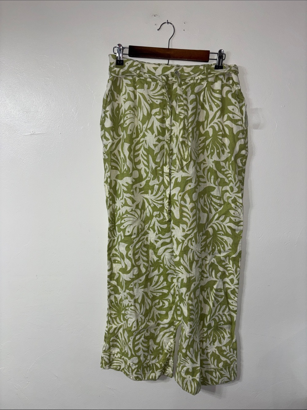 NEW Rachel Zoe 100% Linen Green & White Wide Leg Pant Resort Vacation Size Large